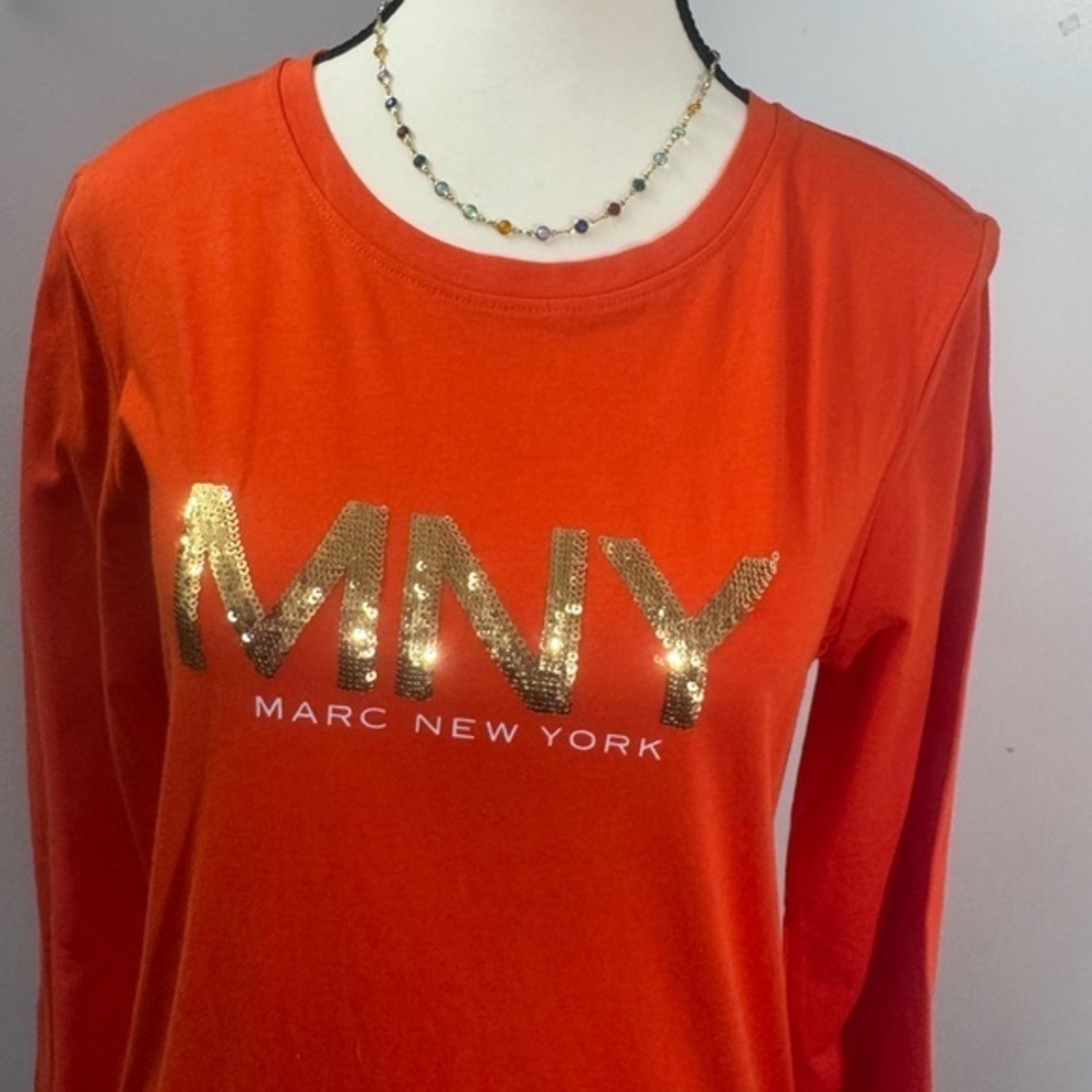 Marc New York Women's Orange Petite Tops Blouses Long Sleeves Round Neck Medium - Picture 2 of 10